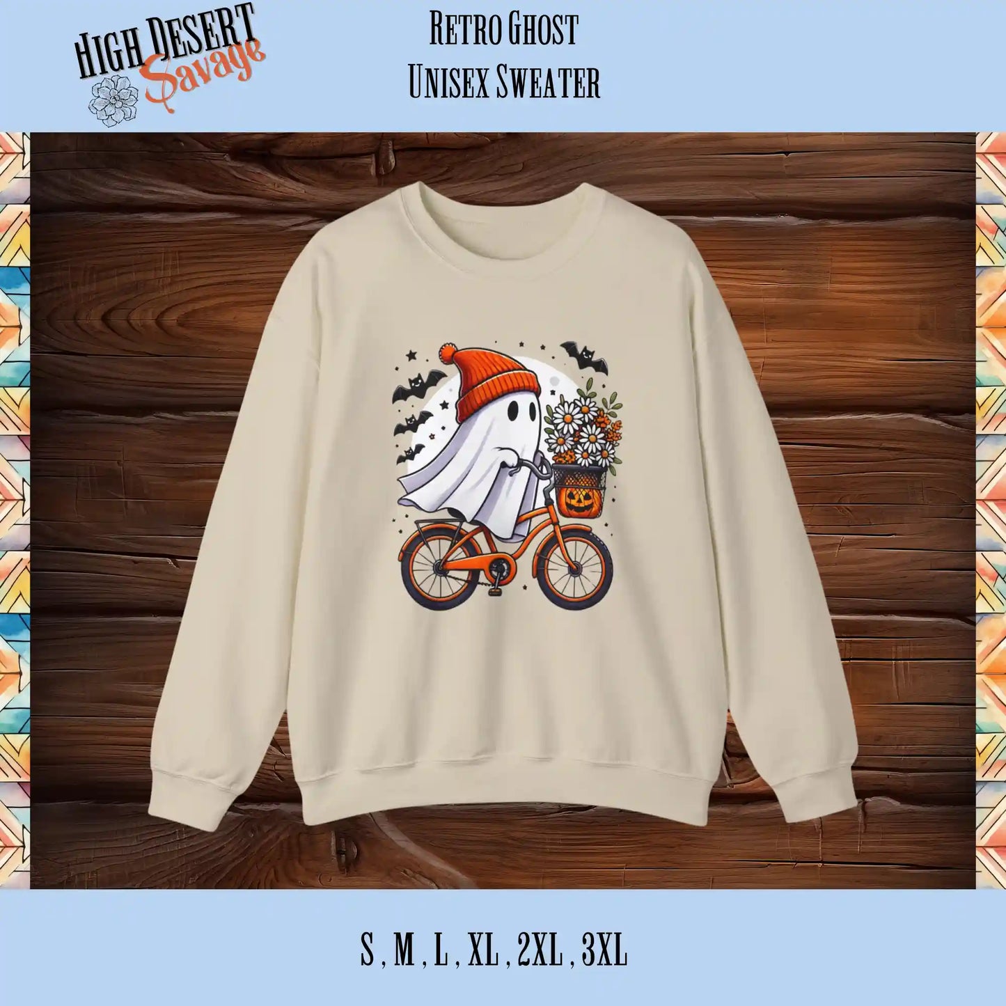 Cute retro ghost with a beanie riding a bicycle graphic on a sand unisex sweater