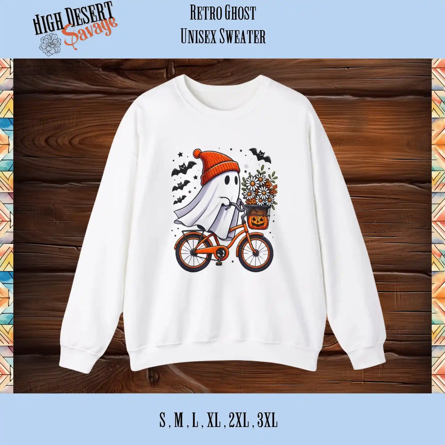 Cute retro ghost with a beanie riding a bicycle graphic on a white unisex sweater