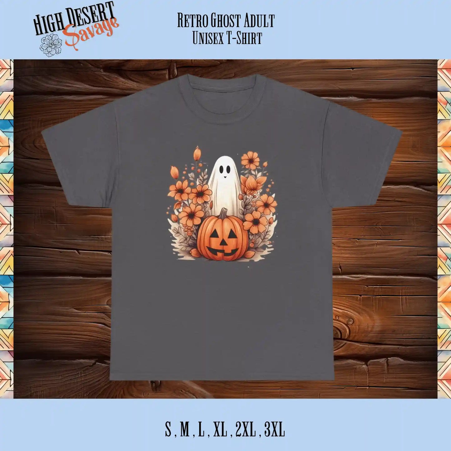 Cute Retro Ghost graphic printed on a charcoal unisex tee