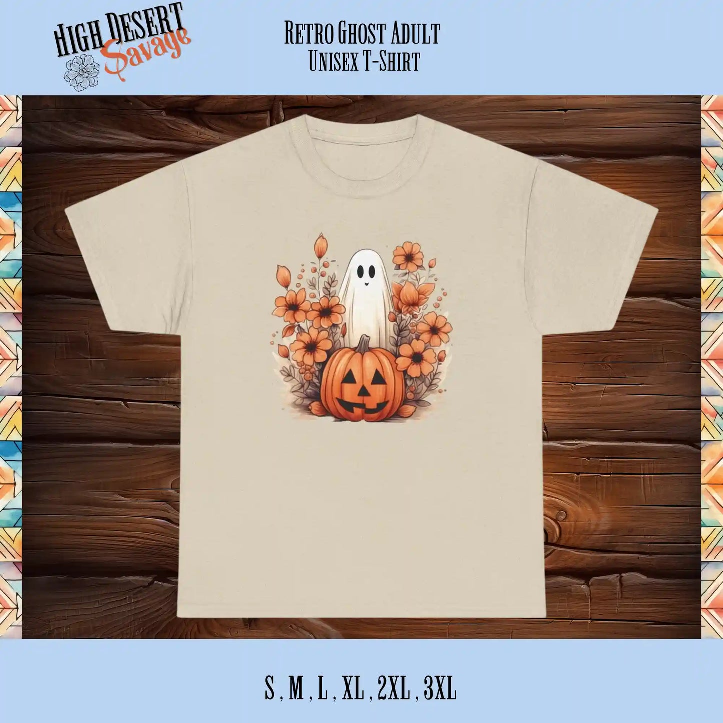 Cute Retro Ghost graphic printed on a sand unisex tee
