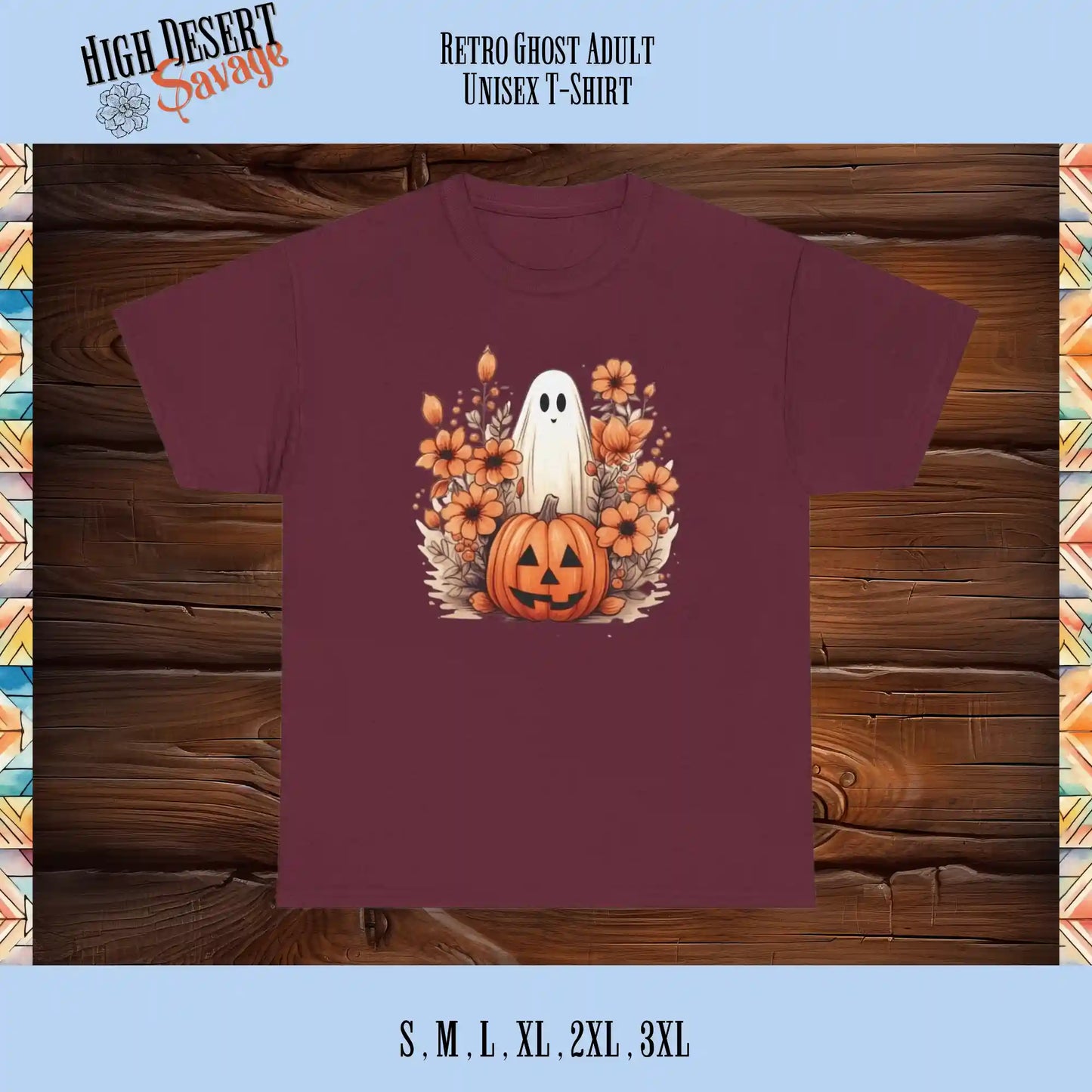 Cute Retro Ghost graphic printed on a maroon unisex tee