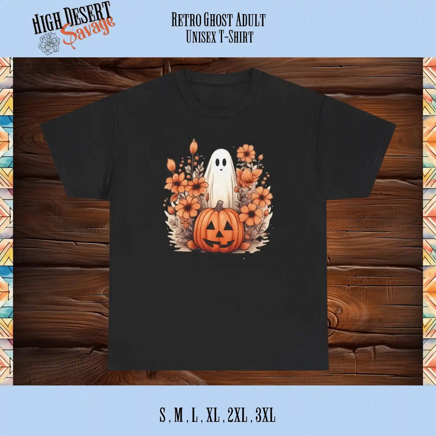 Cute Retro Ghost graphic printed on a black unisex tee