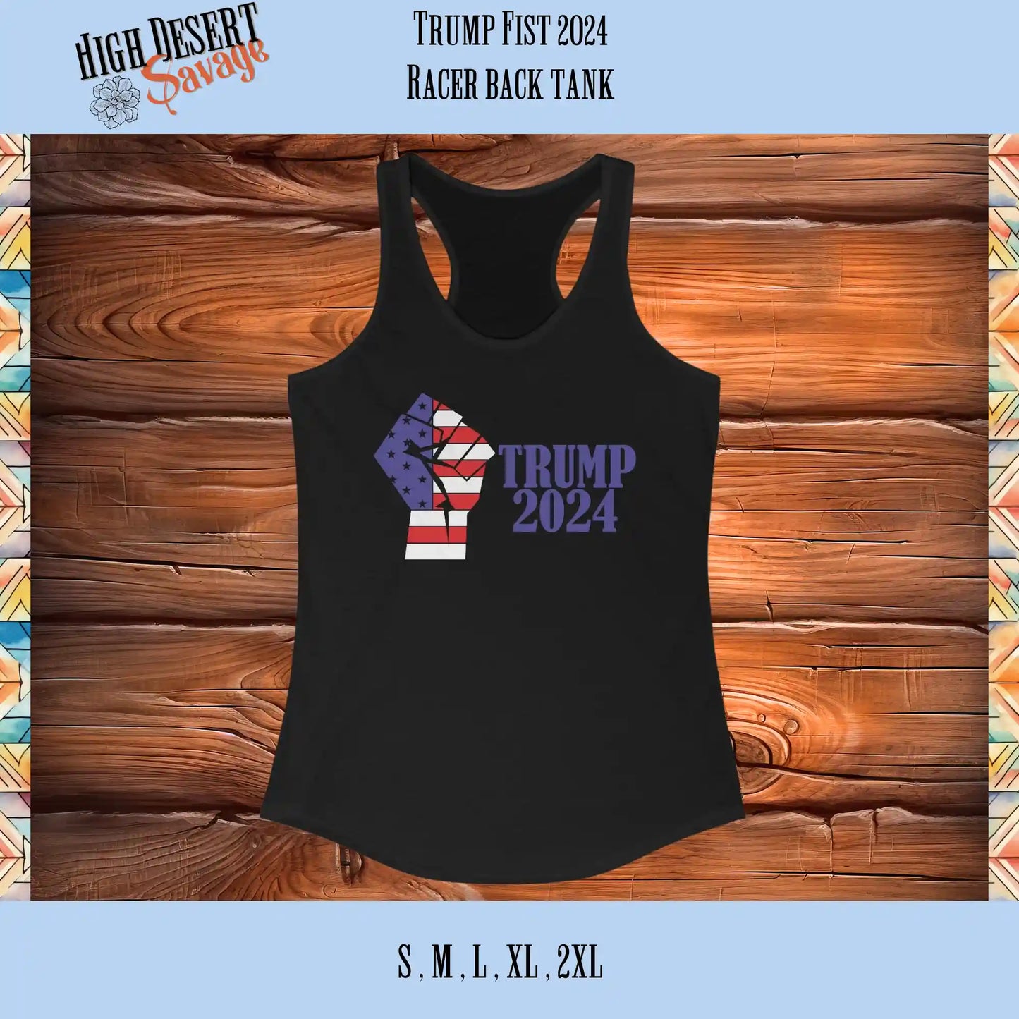 Patriotic Trump 2024 American Flag Fist Racer Back tank for women in black