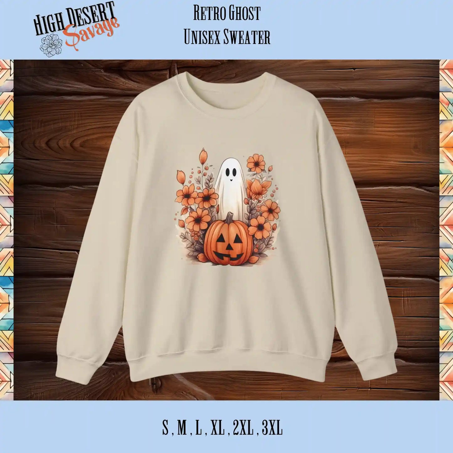 Cute Retro Ghost Halloween Graphic Sweater in sand