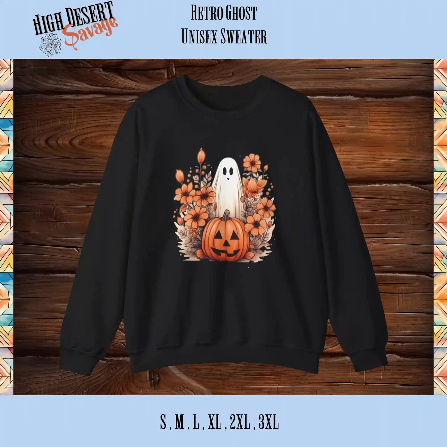 Cute Retro Ghost Halloween Graphic Sweater in black