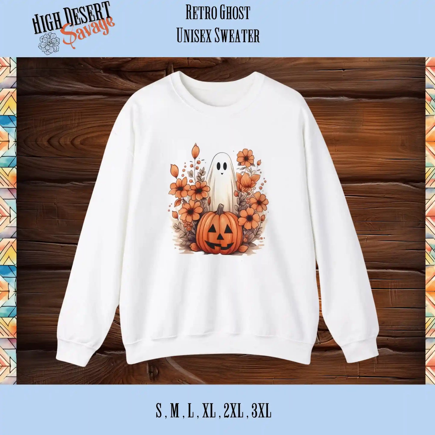 Cute Retro Ghost Halloween Graphic Sweater in white