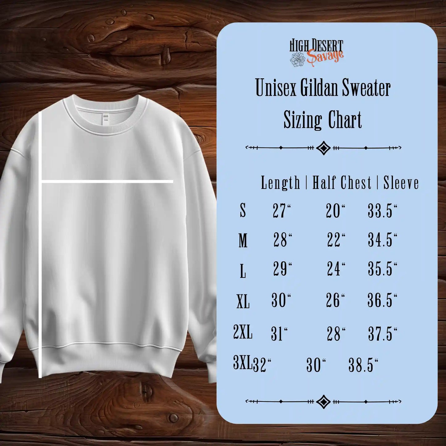 Sizing chart and diagram for unisex sweaters
