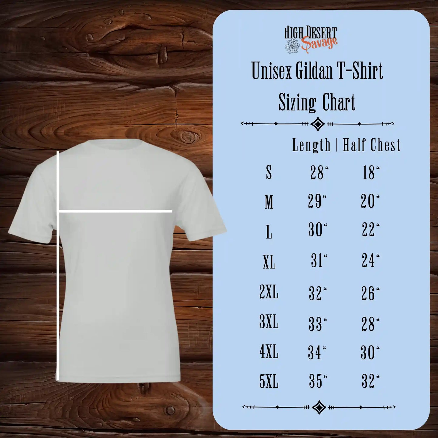 Sizing chart and diagram for unisex tees