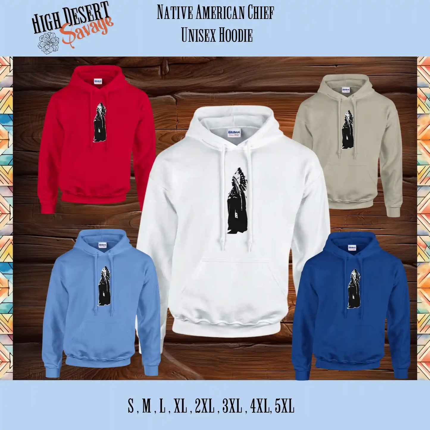 native american chief in black and white pullover unisex hoodies - red, royal blue, white, sand, and carolina blue