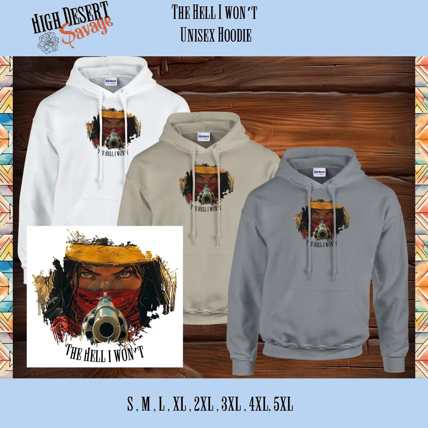 High Desert Savage Cowgirl holding revolver graphic design on white, tan, and silver hoodies