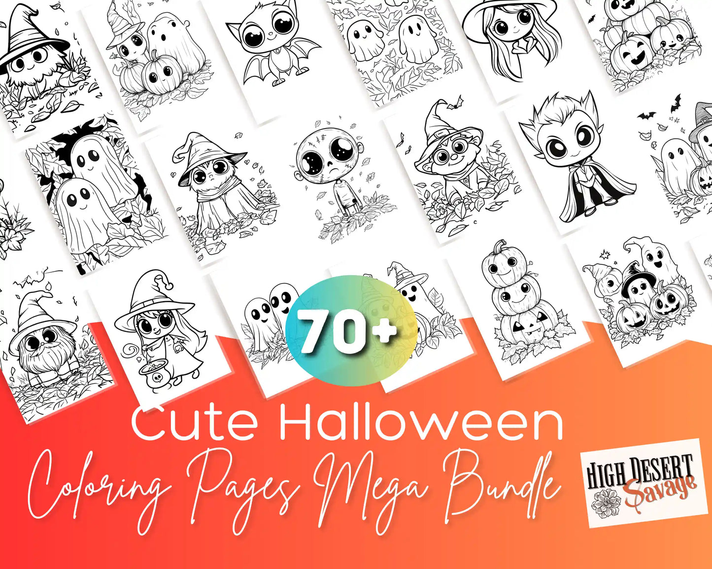 High Desert Savage Mega Halloween Coloring Pages Bundle with sample images from the bundle in black and white