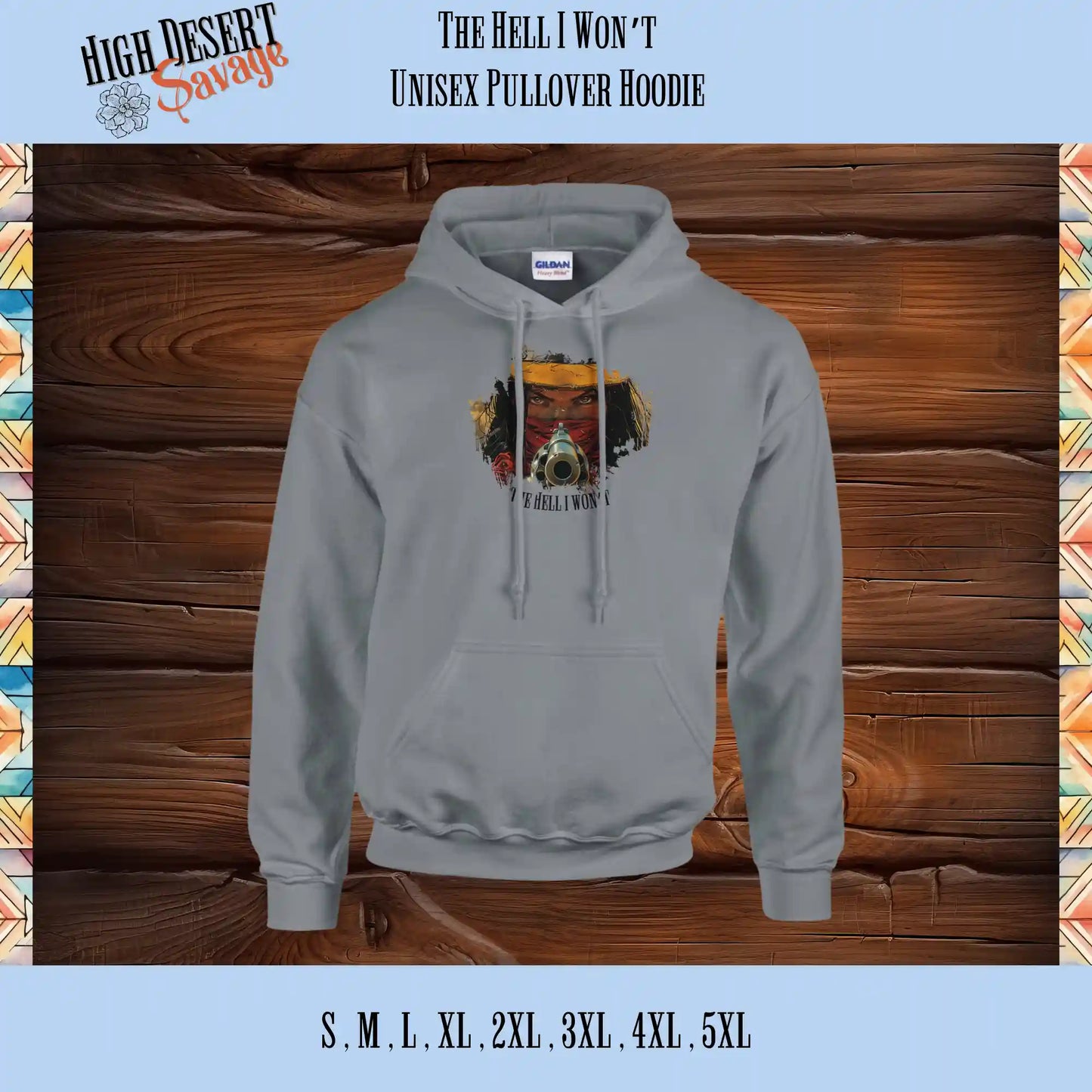 High Desert Savage Cowgirl holding revolver graphic design on silver hoodie