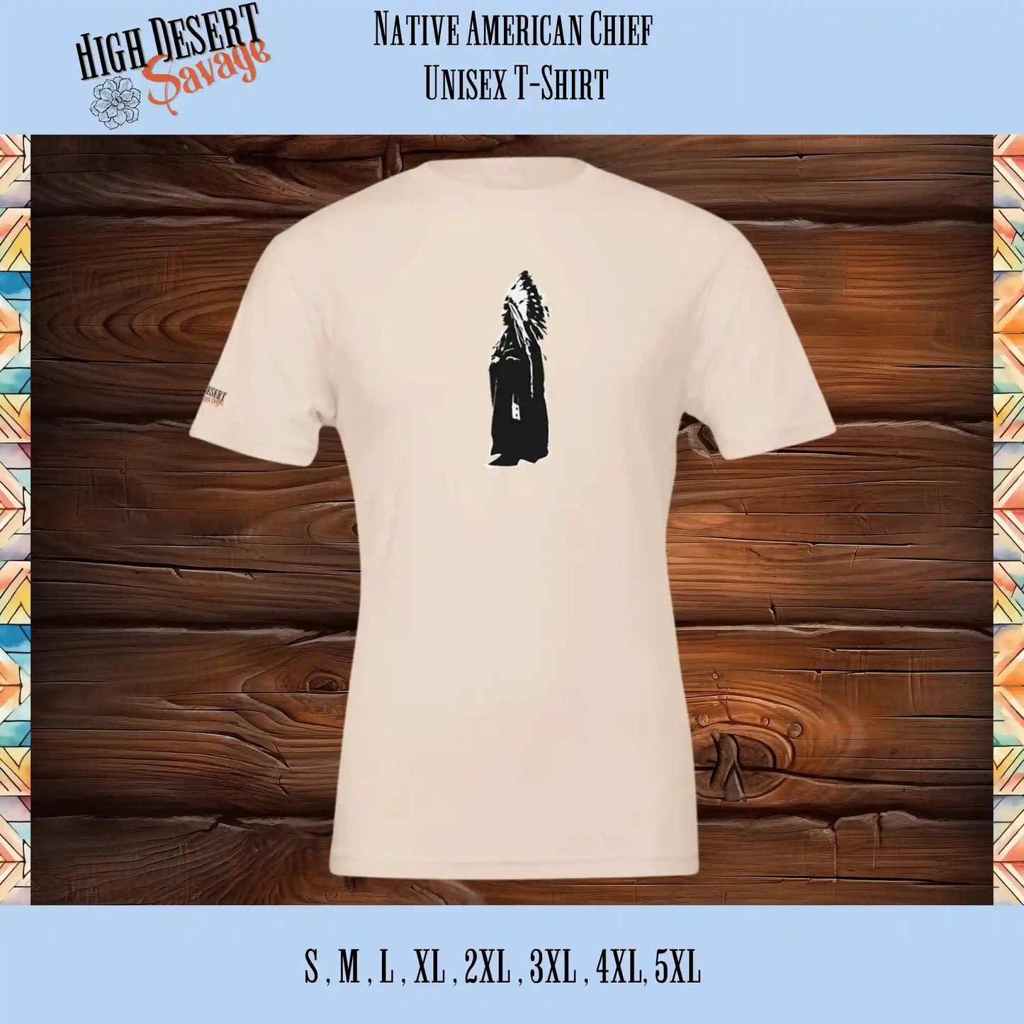 Native American Chief in black and white on Bella + Canvas Unisex T-shirt printed on soft pink