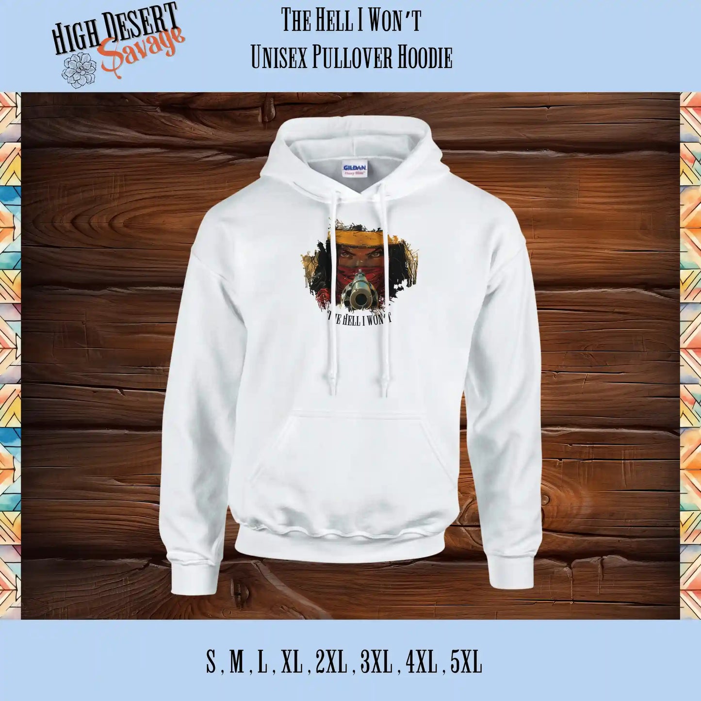 High Desert Savage Cowgirl holding revolver graphic design on white hoodie