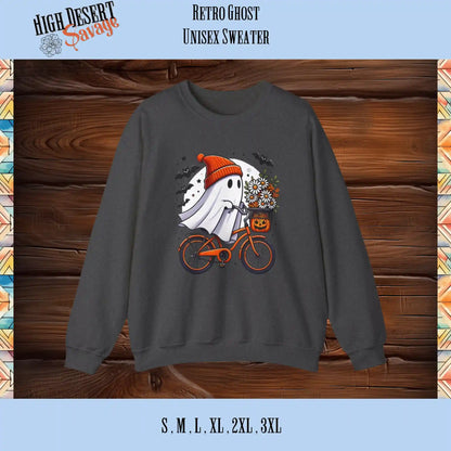 Cute retro ghost with a beanie riding a bicycle graphic on a heather grey unisex sweater