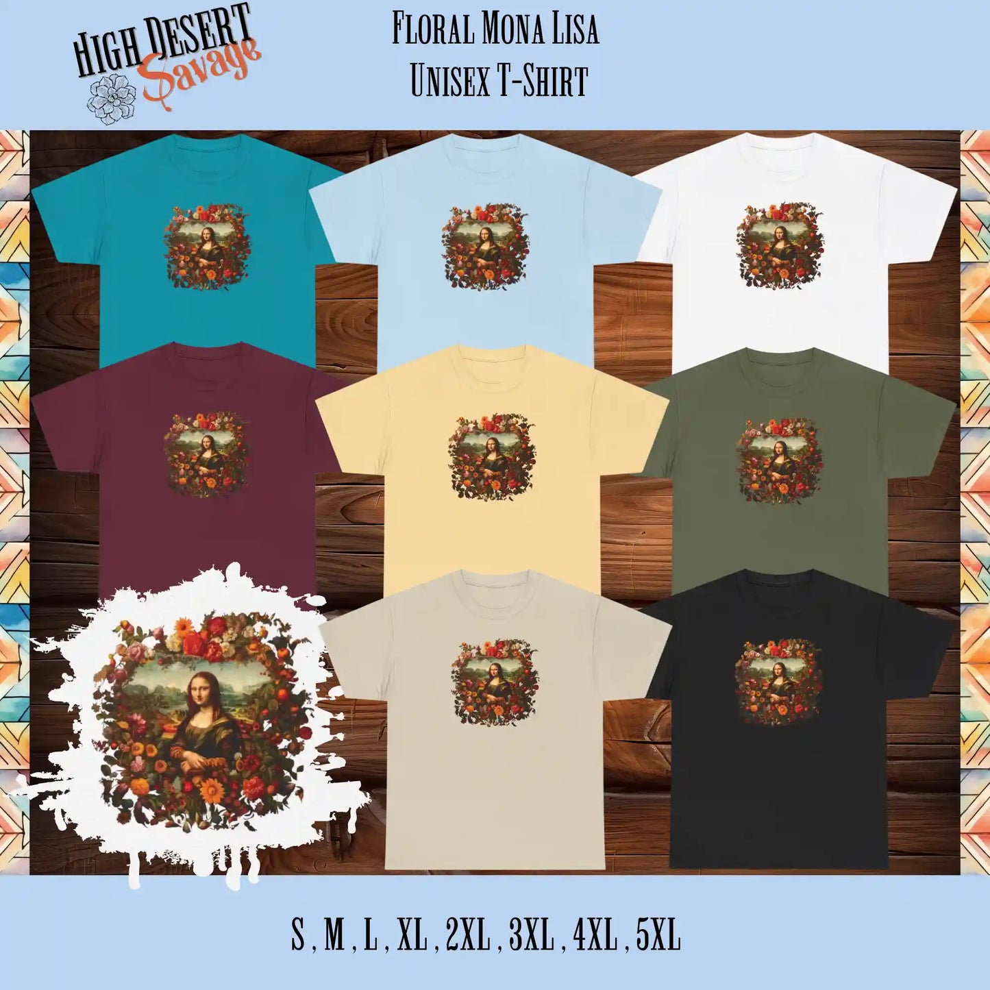 Floral Mona Lisa Graphic Tee in tropical blue, light blue, white, maroon, yellow haze, military green, sand and black