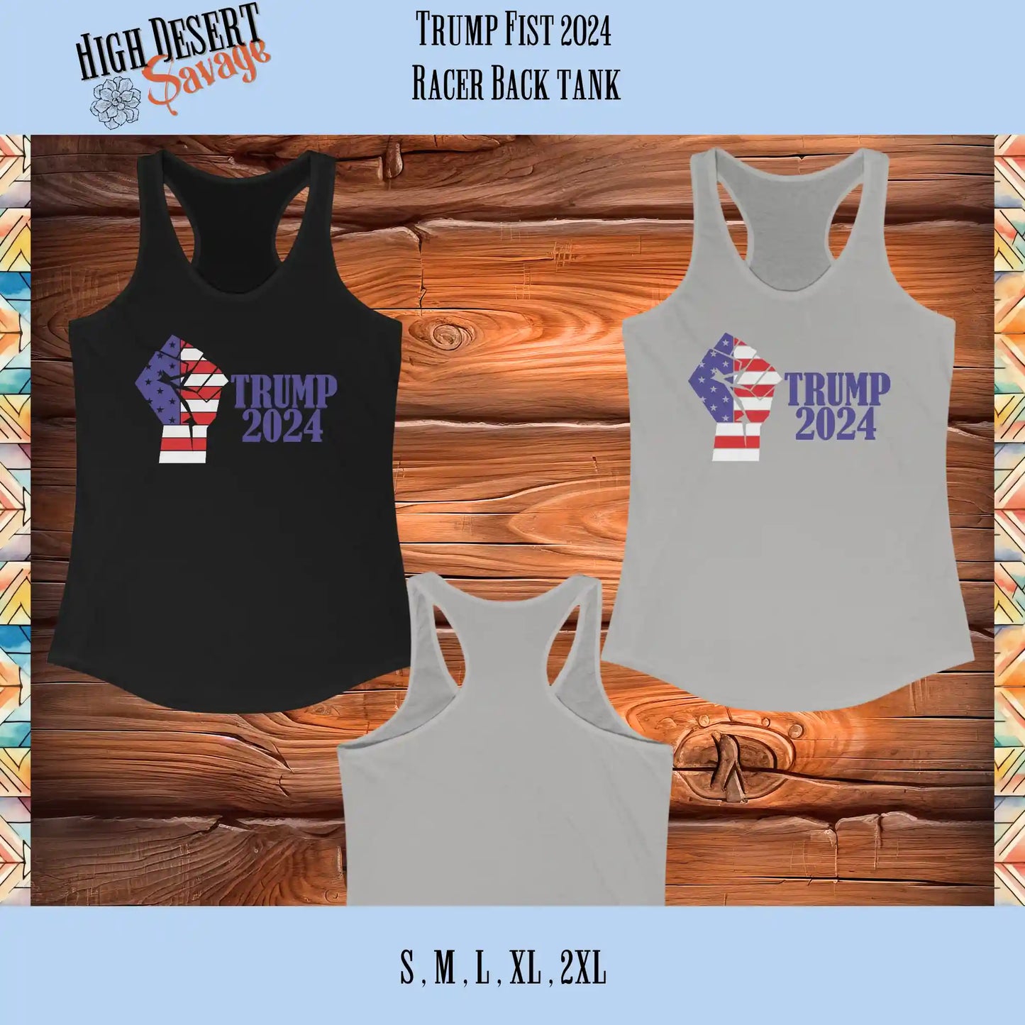 Patriotic Trump 2024 American Flag Fist Racer Back tank for women in black and heather grey