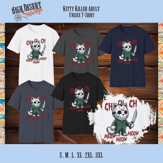 Kitty Killer CH CH CH graphic horror film parody tee printed on unisex tee