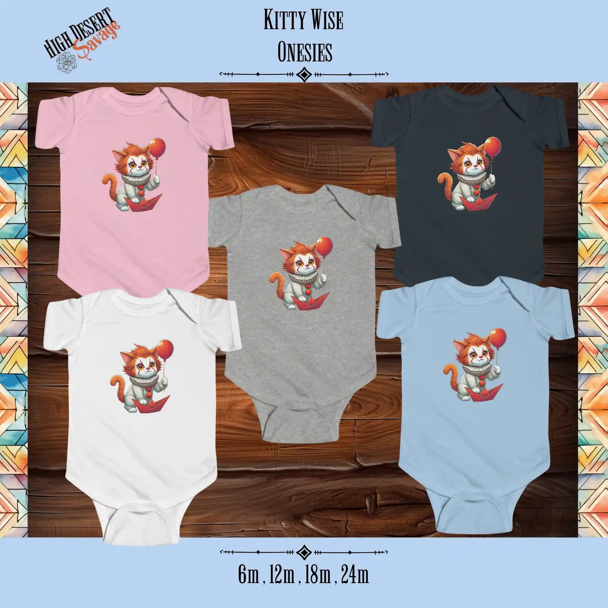 Kitty Wise infant cotton jersey onesie for crotch goblins in light pink, heather, black, light blue, and white