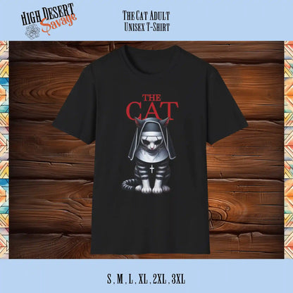 The Cat horror movie parody graphic printed on a black unisex tee