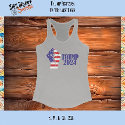 Patriotic Trump 2024 American Flag Fist Racer Back tank for women in heather grey