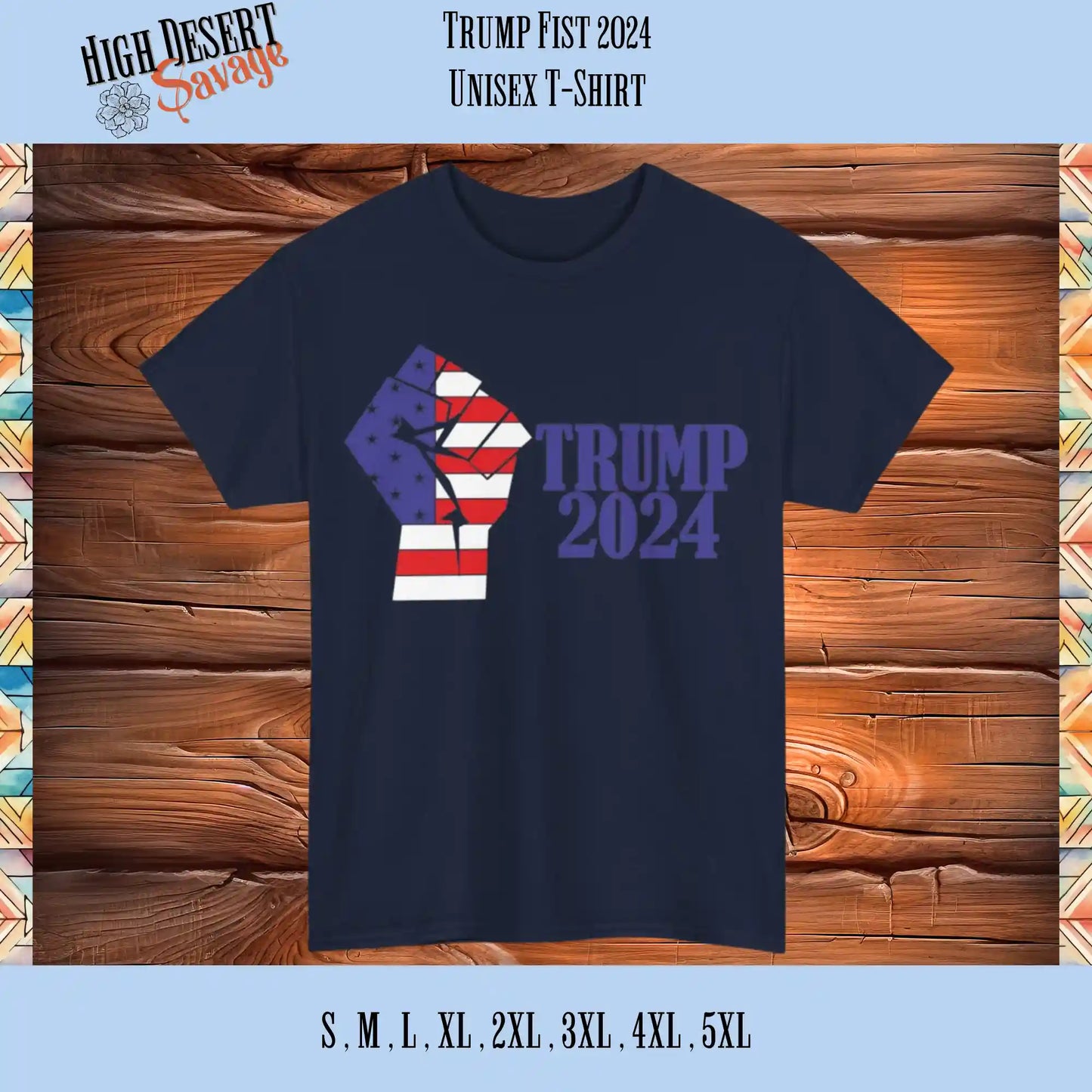 Trump 2024 American Flag Fist Graphic Unisex Navy Tee