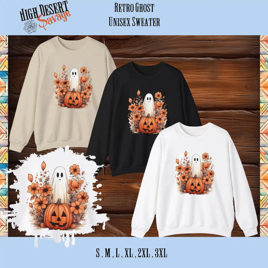 Cute Retro Ghost Halloween Graphic Sweater in black, white, sand