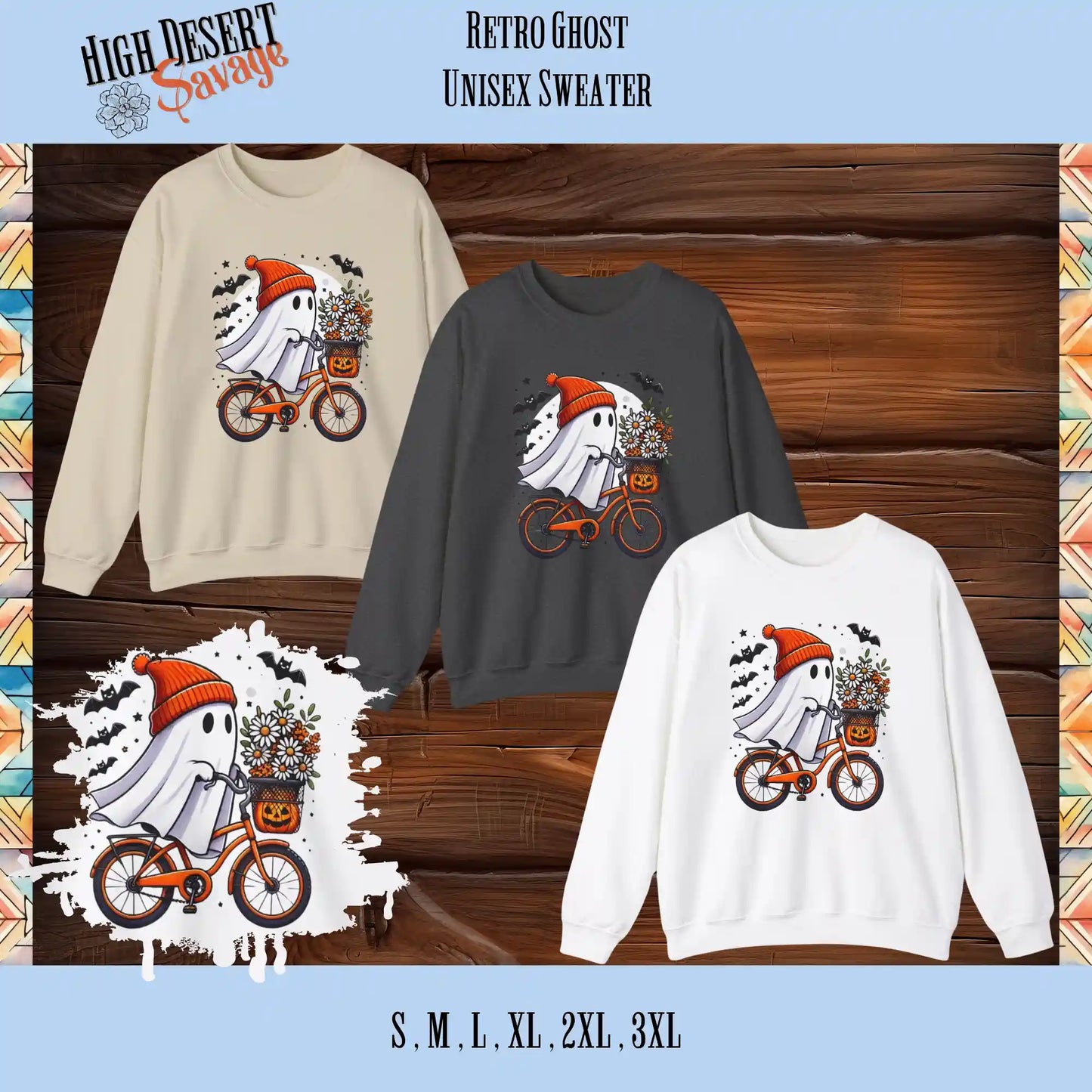 Cute retro ghost with a beanie riding a bicycle graphic on a unisex sweater