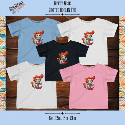 Kitty Wise infant cotton tee for crotch goblins in light blue, white, black, heather grey, and light pink