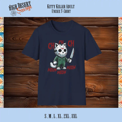 Kitty Killer CH CH CH graphic horror film parody tee printed on navy unisex tee