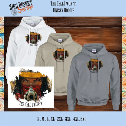  High Desert Savage Cowgirl holding revolver graphic design on white, tan, and silver hoodies