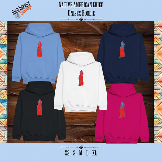 Native American Chief in red and blue printed on a Classic Kids Pullover Gildan Hoodie for Crotch Goblins on Carolina Blue, White, Navy, Black, and Heliconia colored Hoodies