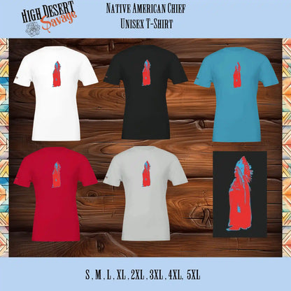 Native American Chief in Red and Blue unisex crewneck t-shirt in white, black, aqua, red, and sand