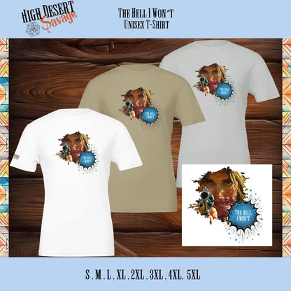 High Desert Savage Cowgirl holding revolver graphic design on white, tan, and silver tshirts