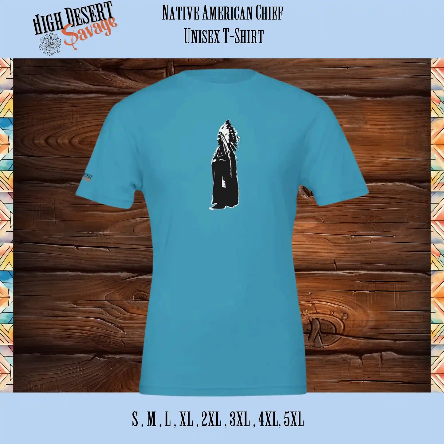 Native American Chief in black and white on Bella + Canvas Unisex T-shirt printed on aqua