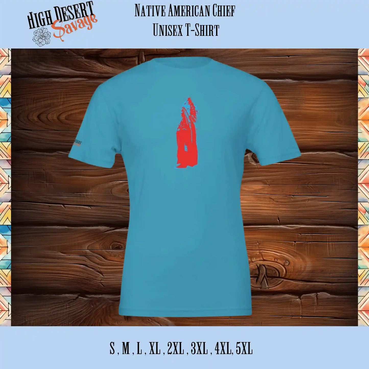 Native American Chief in Red and Blue unisex crewneck t-shirt in aqua