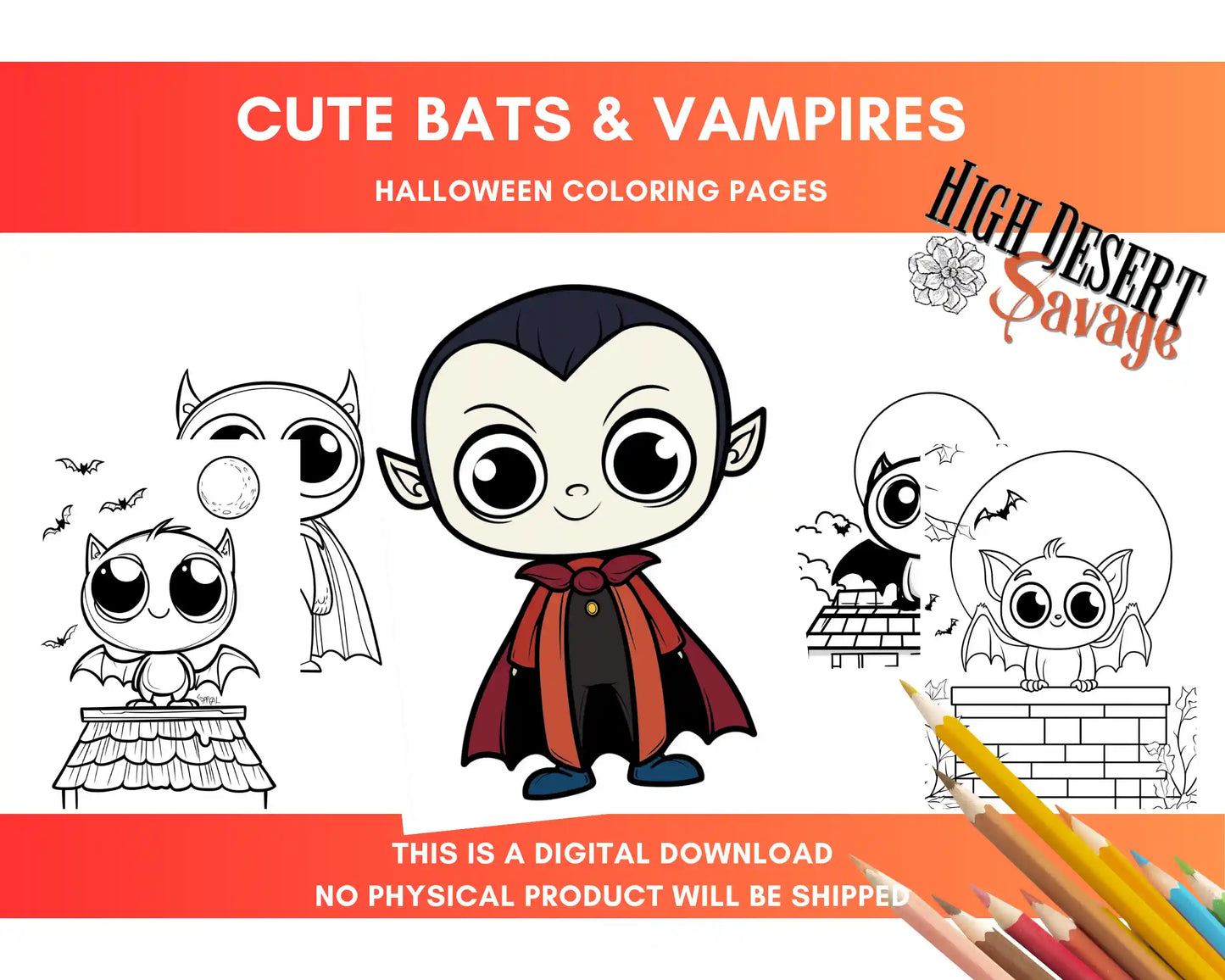 High Desert Savage Cute Bats &Vampires Halloween Coloring Pages