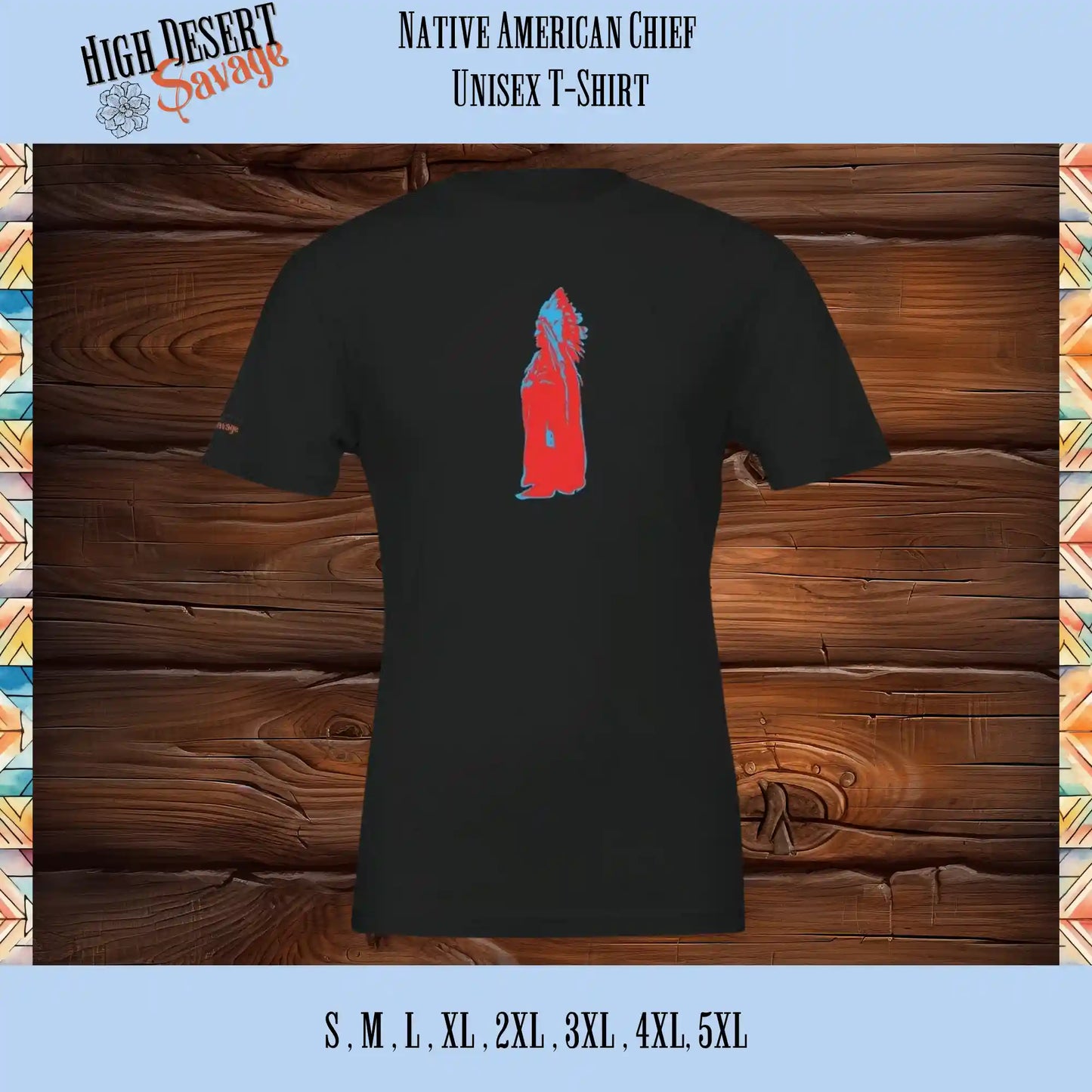 Native American Chief in Red and Blue unisex crewneck t-shirt in black