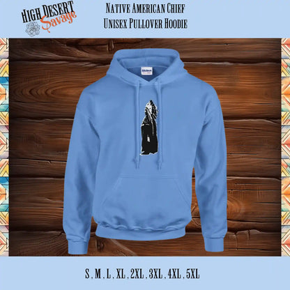 native american chief in black and white pullover unisex hoodie in carolina blue