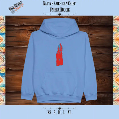 Native American Chief in red and blue printed on a Classic Kids Pullover Gildan Hoodie for Crotch Goblins on Carolina Blue