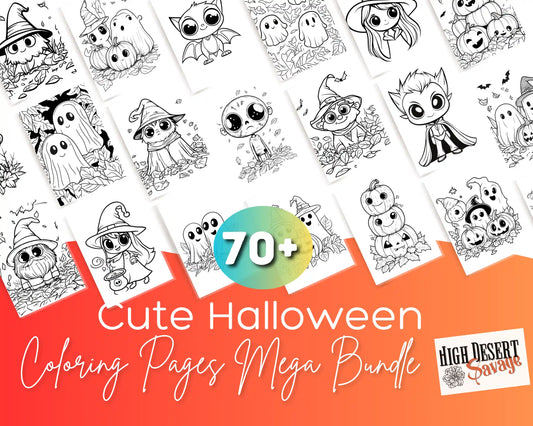 High Desert Savage Mega Halloween Coloring Pages Bundle with sample images from the bundle in black and white