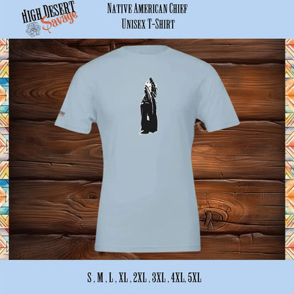 Native American Chief in black and white on Bella + Canvas Unisex T-shirt printed on light blue