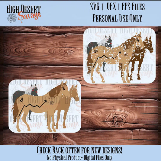 High Desert Savage Native american War ponies SVG/DXF/EPS cut files in both standard cutting and a grunge effect cutting files