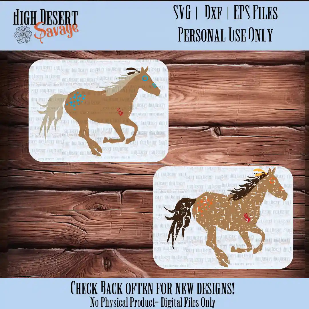 High Desert Savage Native American War Pony SVG/DXF/EPS cut files in both standard cutting and a grunge effect cutting files