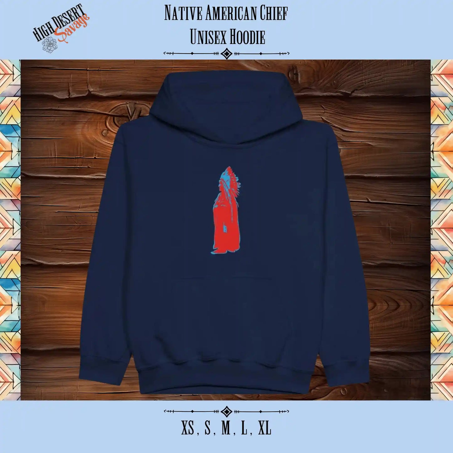 Native American Chief in red and blue printed on a Classic Kids Pullover Gildan Hoodie for Crotch Goblins on Navy