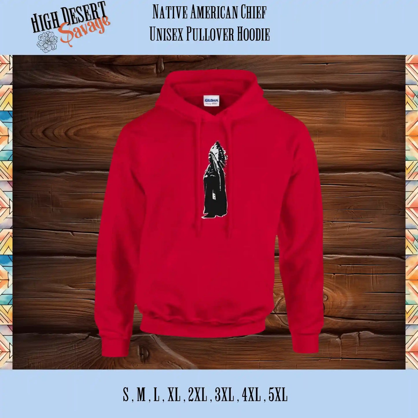 native american chief in black and white pullover unisex hoodie in red