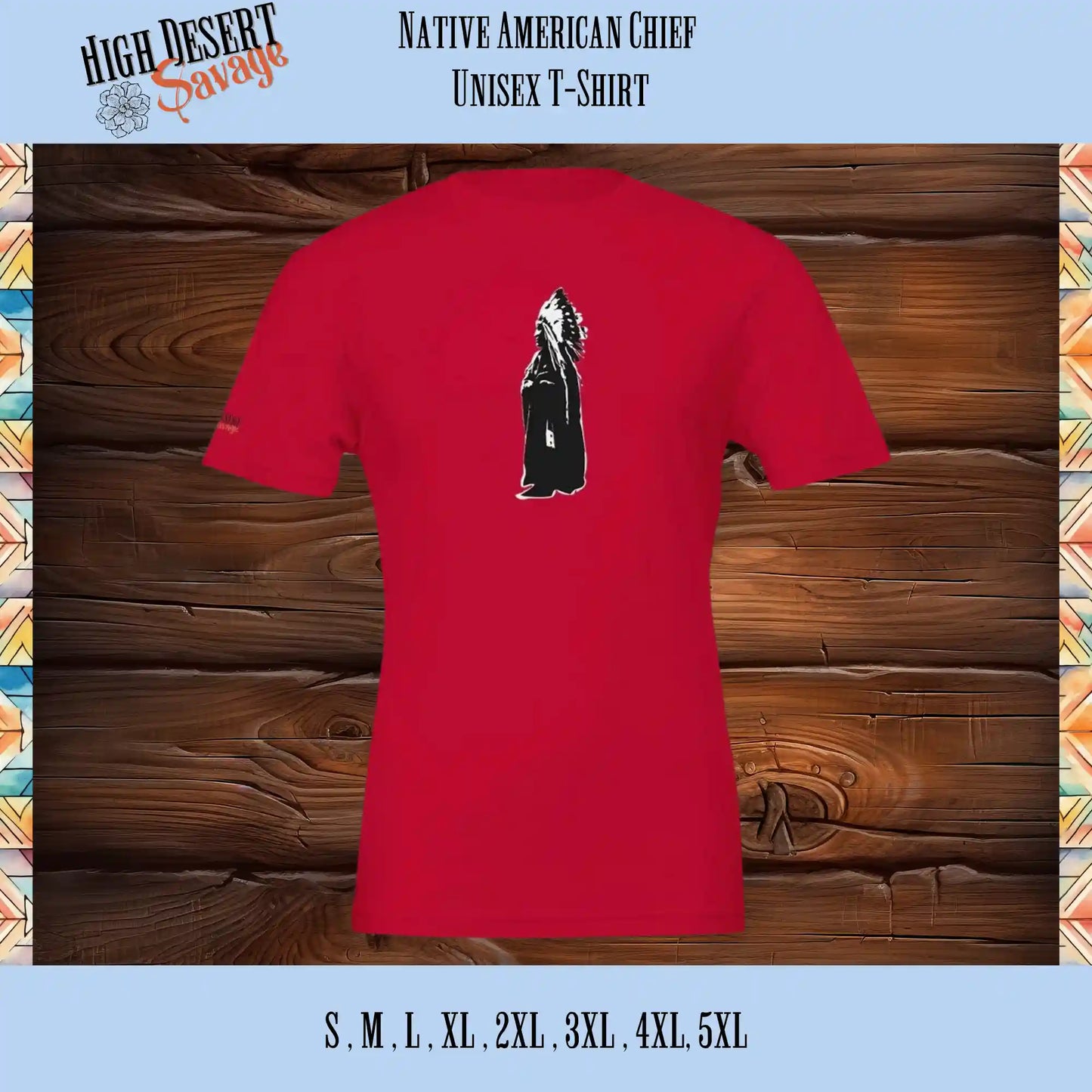 Native American Chief in black and white on Bella + Canvas Unisex T-shirt printed on red