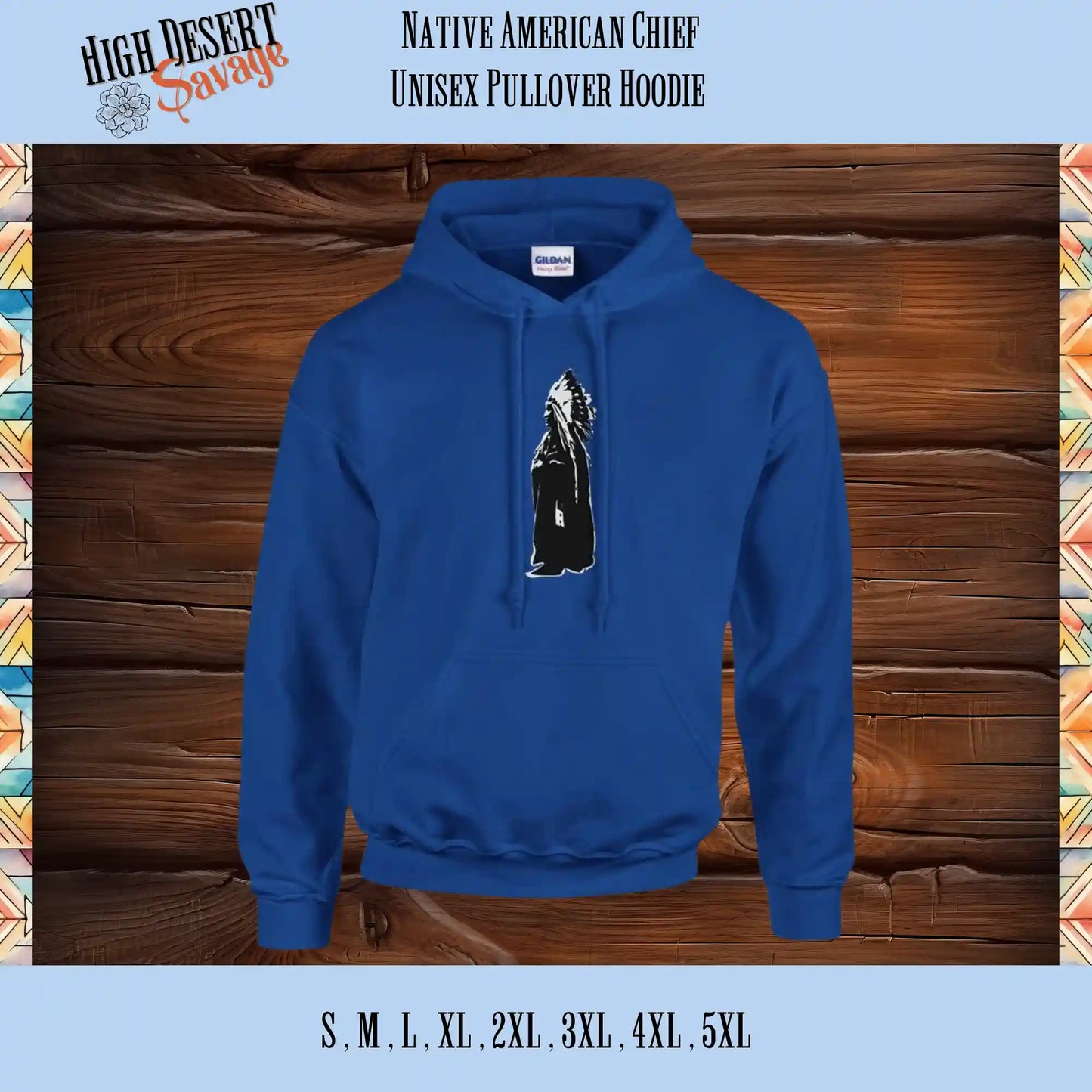 native american chief in black and white pullover unisex hoodie in royal blue