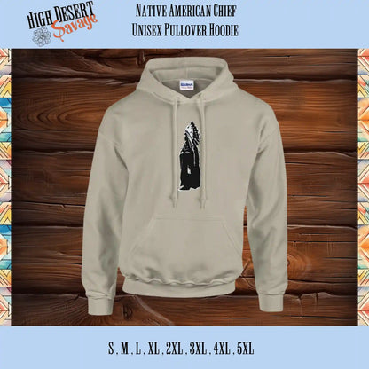 native american chief in black and white pullover unisex hoodie in sand