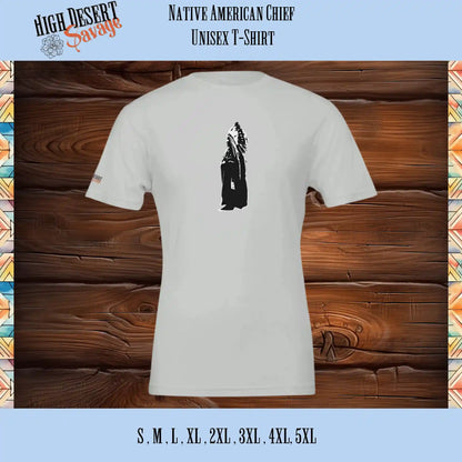 Native American Chief in black and white on Bella + Canvas Unisex T-shirt printed on silver